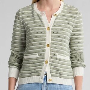 Rag & Bone Evelyn Organic Cotton Blend Striped Green and Cream Cardigan Sweater